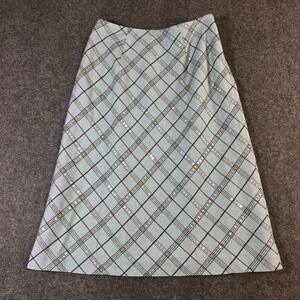 Tribeca Studio Blue Plaid Sequin A-Line Midi Skirt Wool Blend Womens Size 6